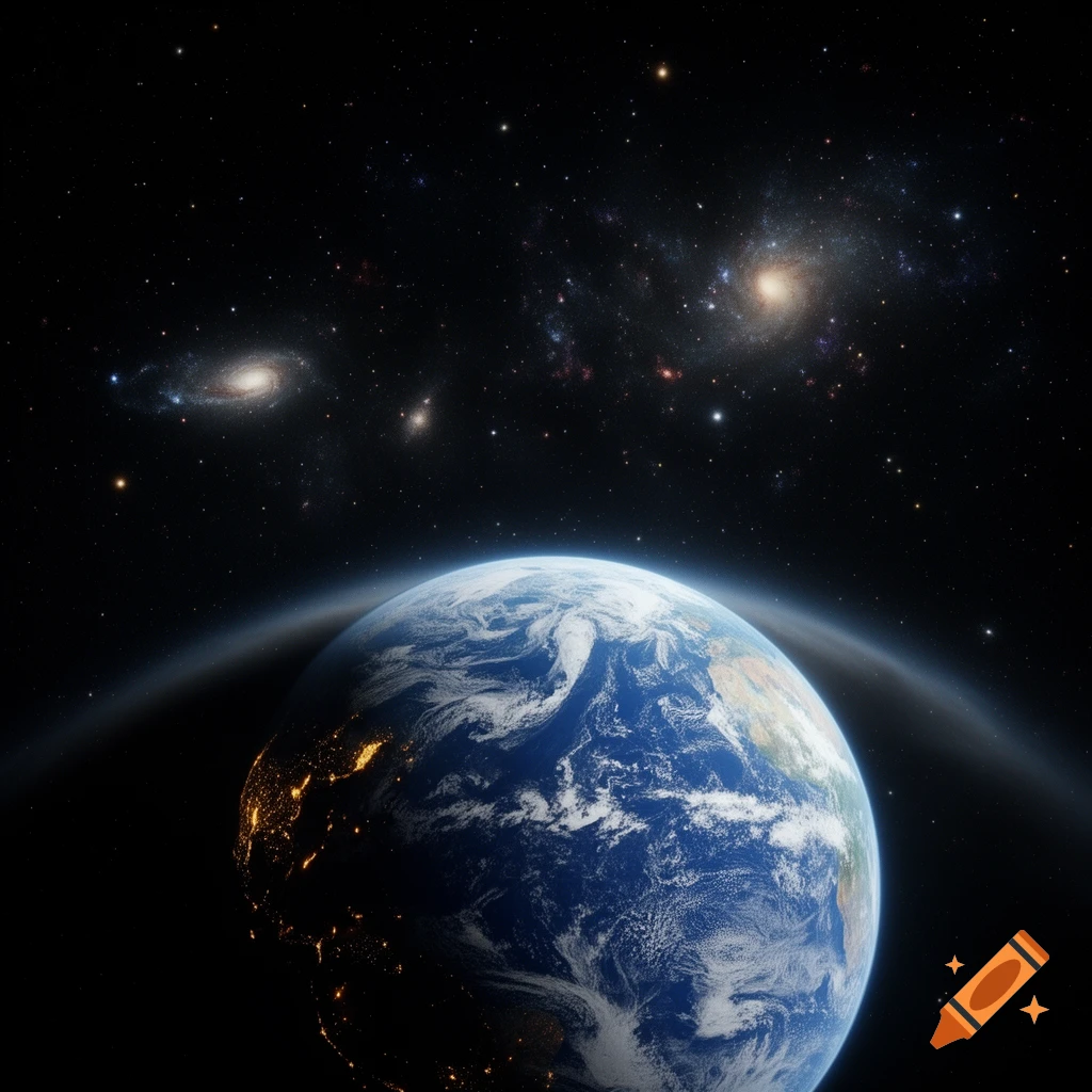 Photorealistic view of planet Earth from space, with city lights glowing on the night side and distant galaxies in the background.