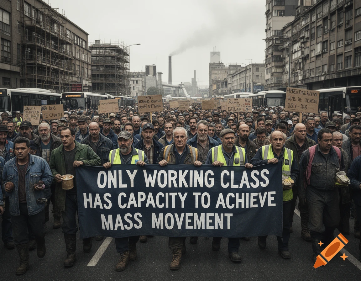Photorealistic protest scene with a crowd of workers holding a banner reading 'ONLY WORKING CLASS HAS CAPACITY TO ACHIEVE MASS MOVEMENT'.