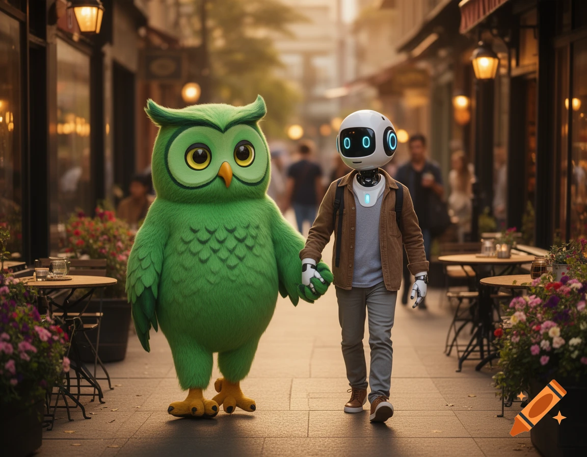 A green owl mascot and a robot holding hands while walking down a city street lined with cafes and outdoor seating.