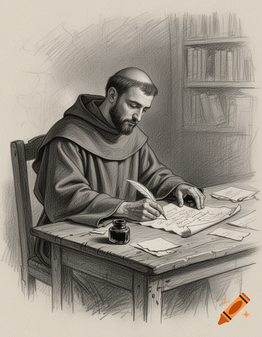 Pencil sketch of a Franciscan Capuchin friar writing at a wooden desk with an inkwell, bookshelves in the background.