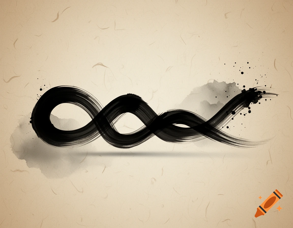 An extended black ink calligraphy loop resembling an infinity symbol on textured beige paper.