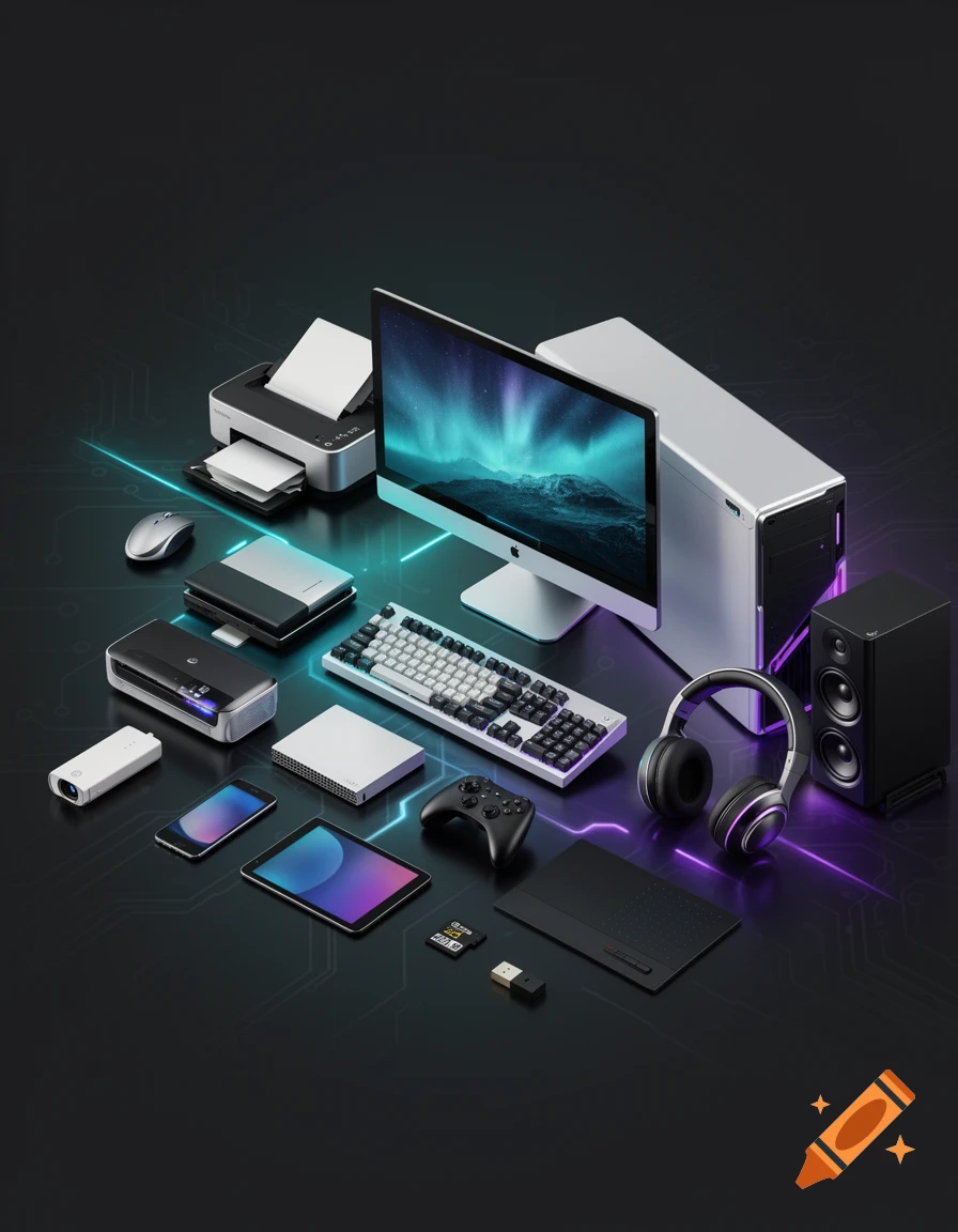 An isometric 3D render of a computer setup with a monitor, keyboard, mouse, printer, and various electronic accessories on a dark surface.