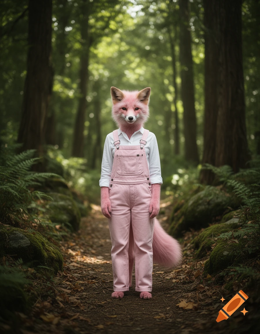 An anthropomorphic pink fox wearing a white shirt and pink overalls, standing on a dirt path in a lush green forest.