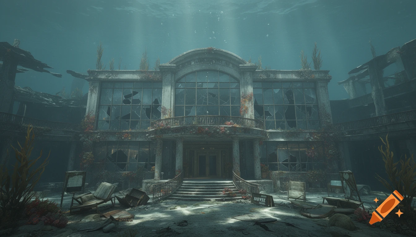 Photorealistic underwater view of a ruined, submerged grand hotel covered in seaweed and coral.