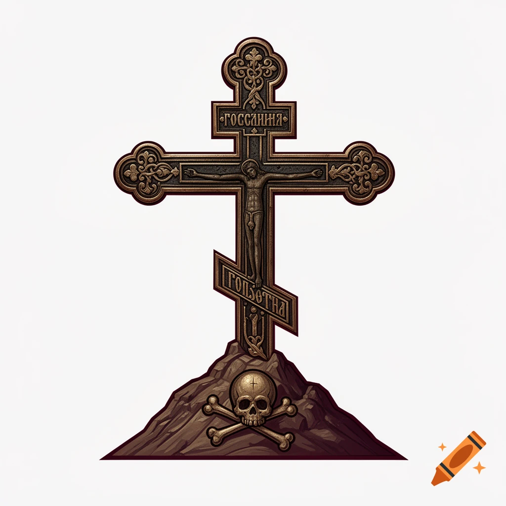 Ancient ornate Russian Orthodox Golgotha cross with skull and crossbones at the base, detailed illustration.