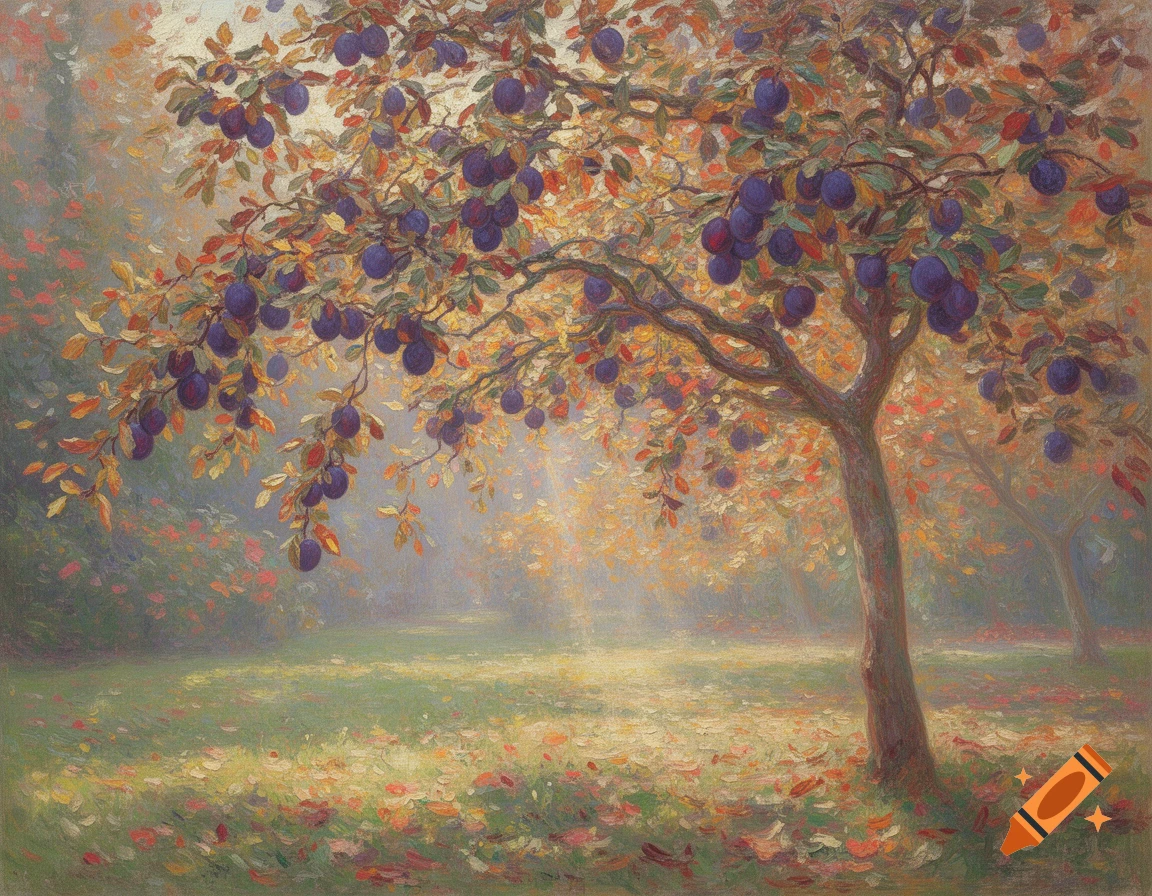 Impressionistic painting of a plum tree laden with ripe dark plums in an autumn orchard.