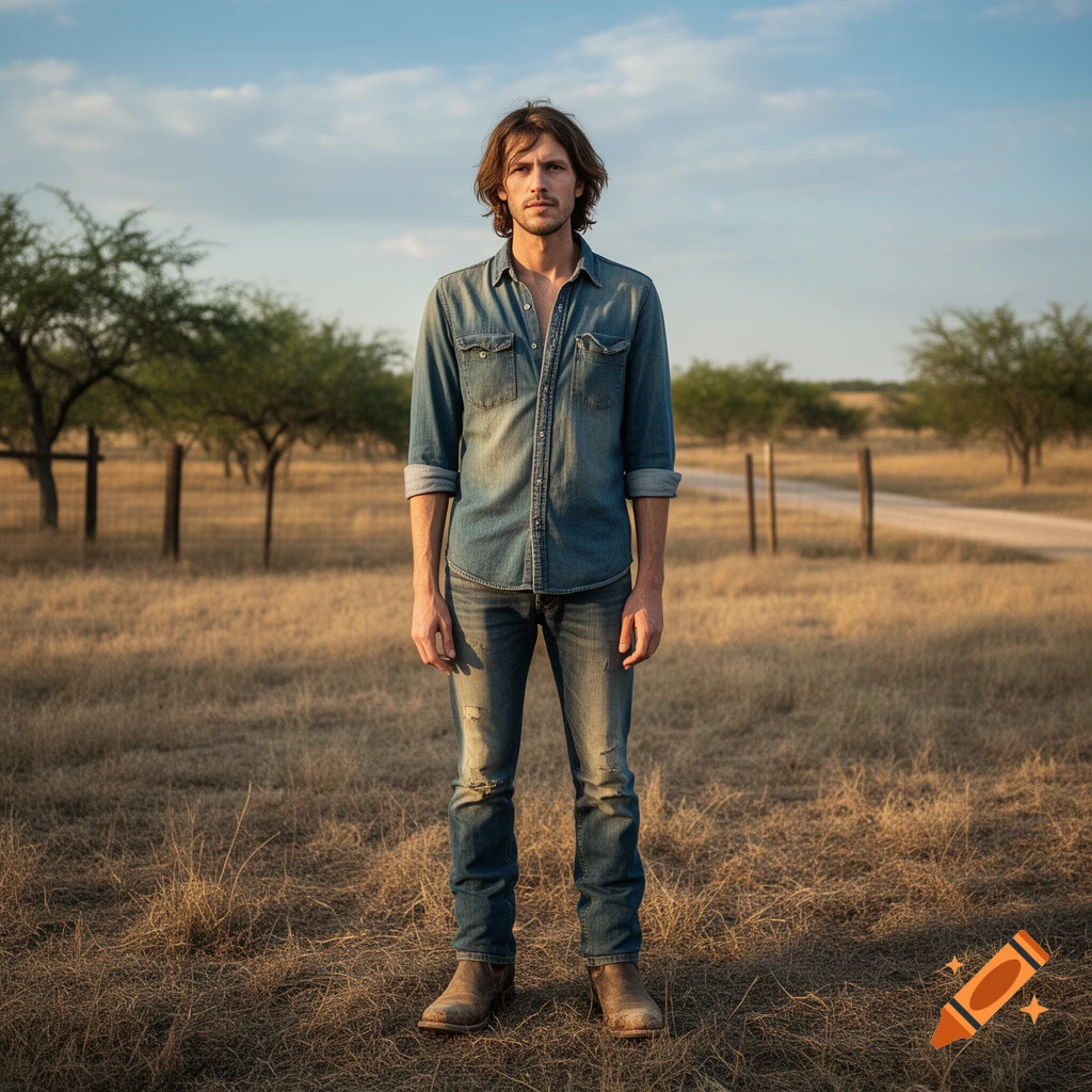 Photorealistic image of a lanky man with brown hair wearing a denim shirt and jeans, standing in a dry rural field.