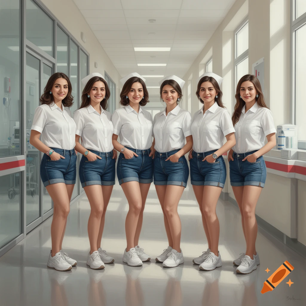 Photorealistic image of six female nurses standing in a hospital hallway wearing white shirts, denim shorts, and white sneakers.
