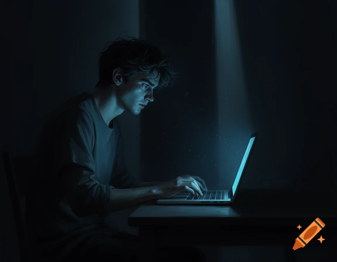 Digital art of a young man sitting alone in a dark room, illuminated by the glowing blue light of a laptop screen.