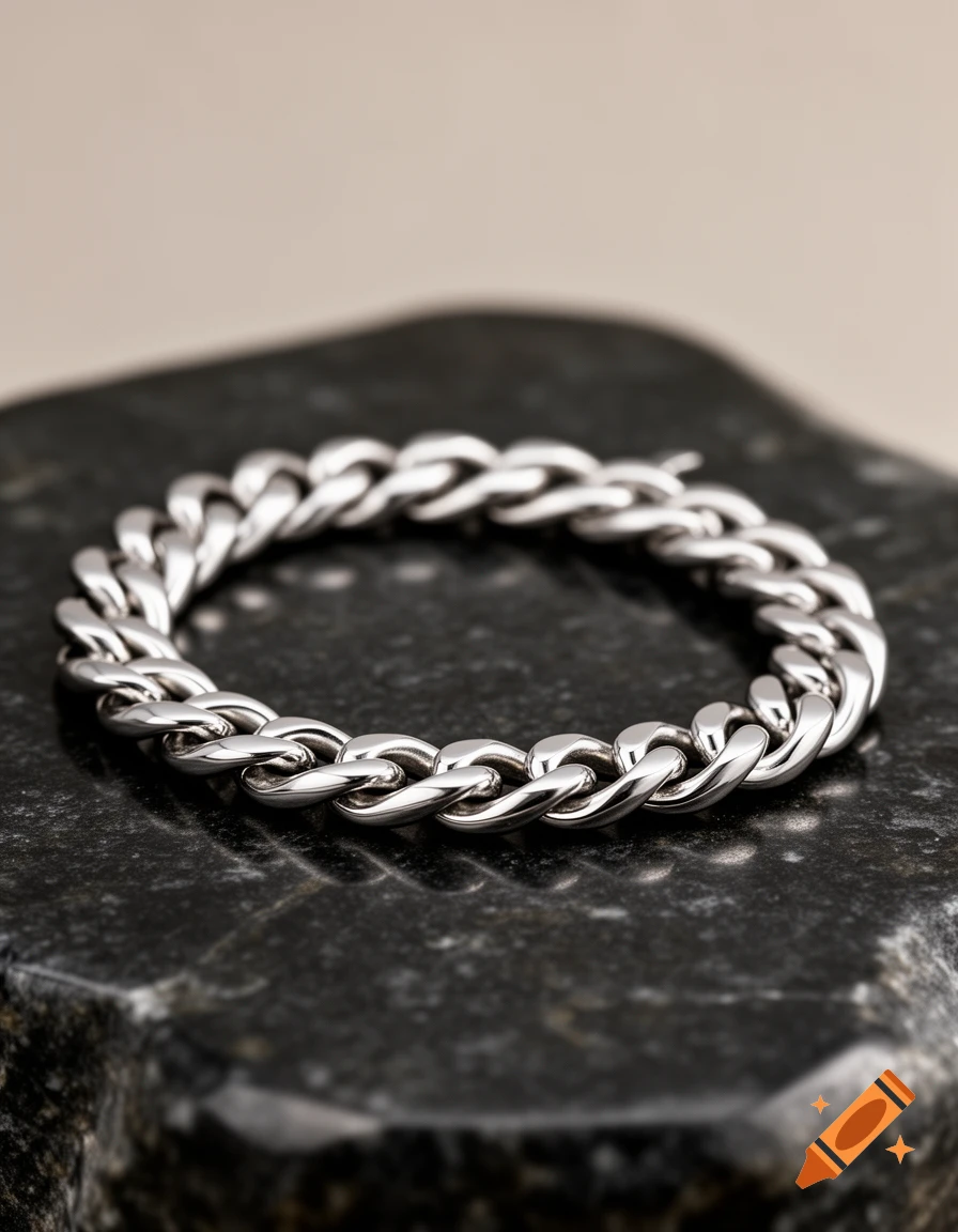 Photorealistic close-up of a shiny silver chain bracelet resting on a dark, textured stone surface.