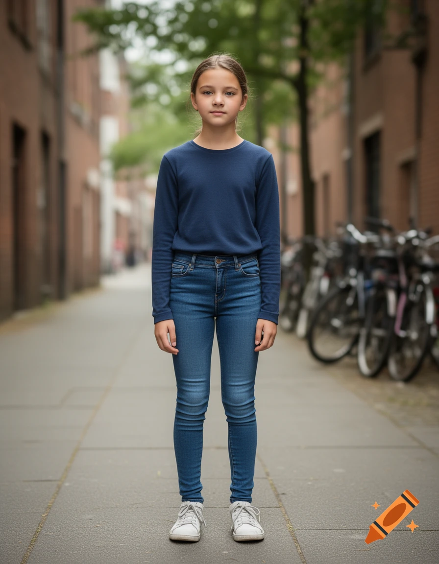 Photorealistic full-body portrait of a young girl standing on a city street in a blue long-sleeve shirt and skinny jeans.