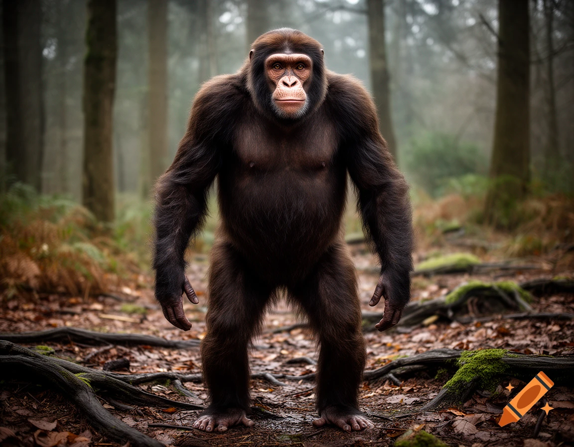 Photorealistic image of a humanzee hybrid with ape and human features standing upright in a misty forest.