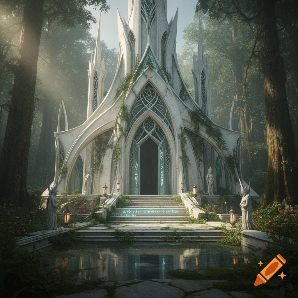 An ornate white elven temple with gothic spires and glowing runes stands in a misty forest, photorealistic.