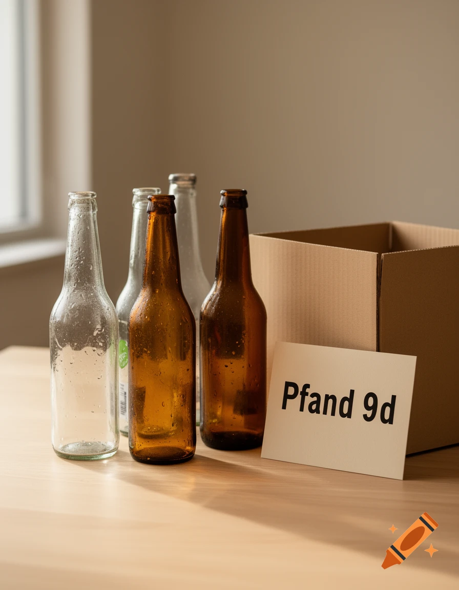 Photorealistic image of glass and brown beer bottles next to a cardboard box and a sign reading 'Pfand 9d' on a wooden table.