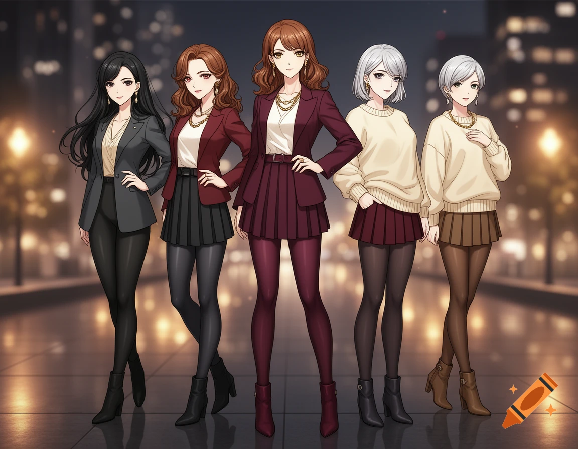 Anime style illustration of five fashionable women standing on a city street at night.