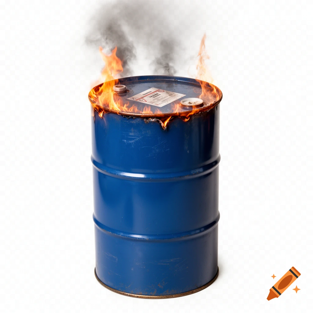 Photorealistic blue metal drum barrel burning with flames and black smoke on a white background.