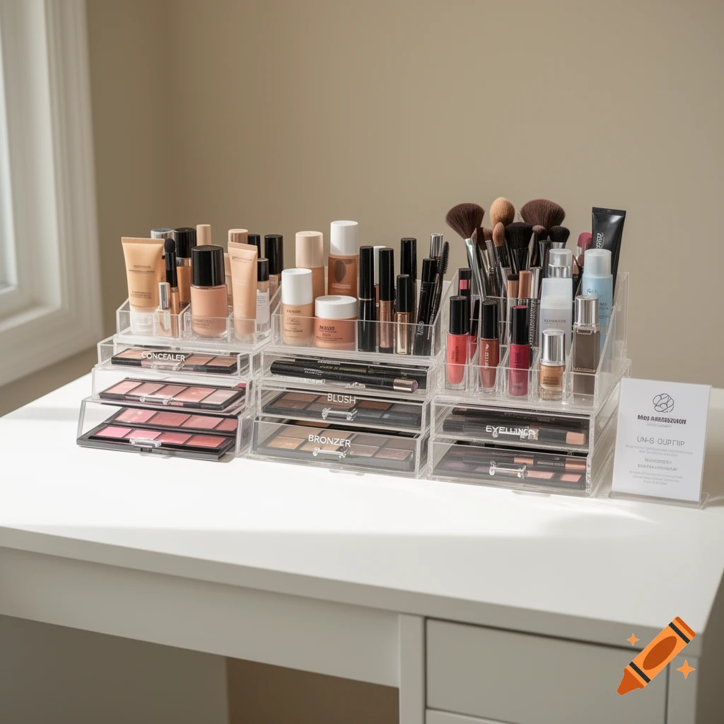 Photorealistic makeup organizer with various cosmetics, brushes, and palettes on a white desk.
