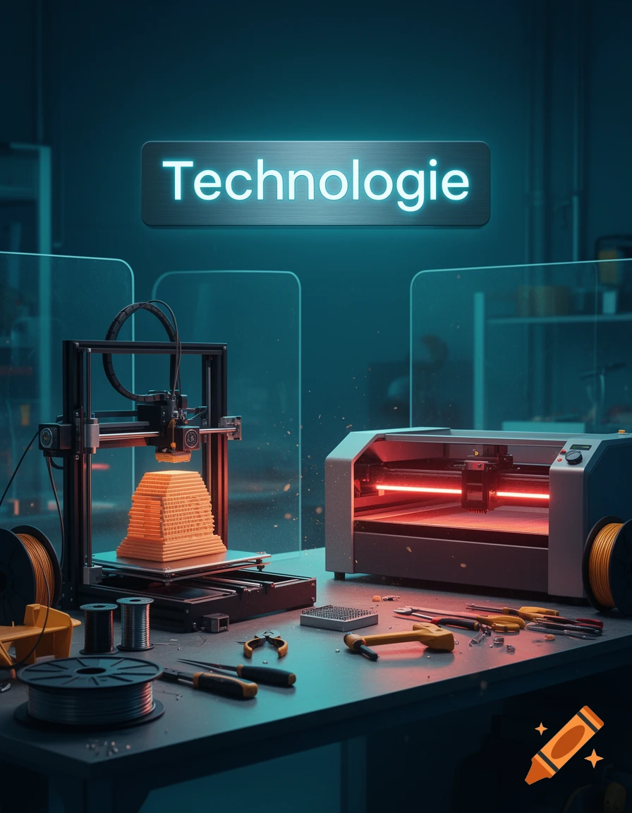 Photorealistic technology lab with a 3D printer, laser cutter, and glowing 'Technologie' sign.