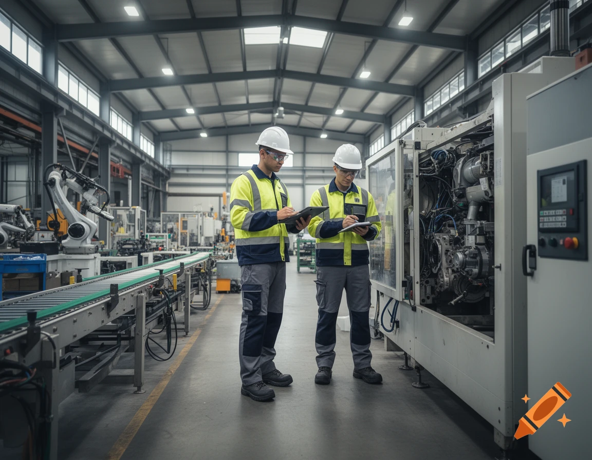 Photorealistic image of two engineers in high-visibility jackets and hard hats inside a modern manufacturing factory, inspecting machinery.
