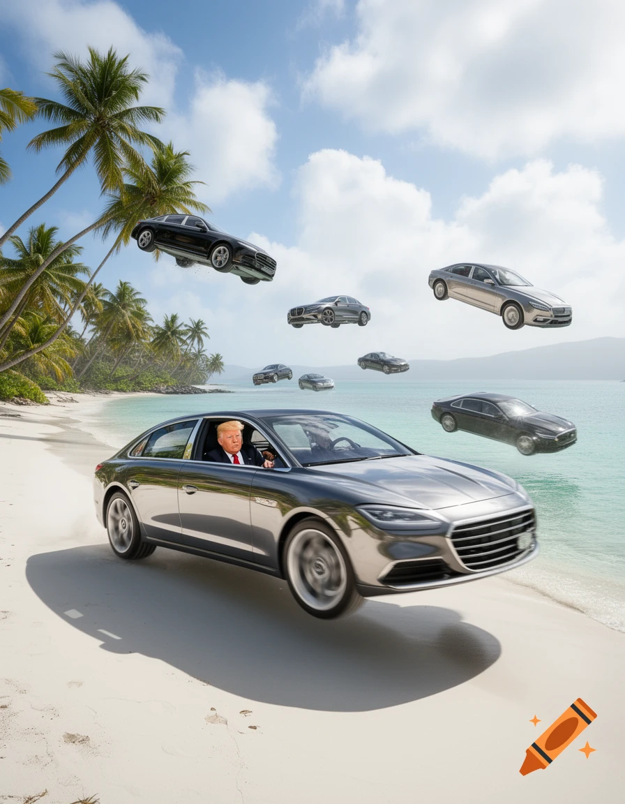 Photorealistic image of Donald Trump driving a luxury car that is hovering over a tropical beach, with multiple luxury cars raining down from the sky.