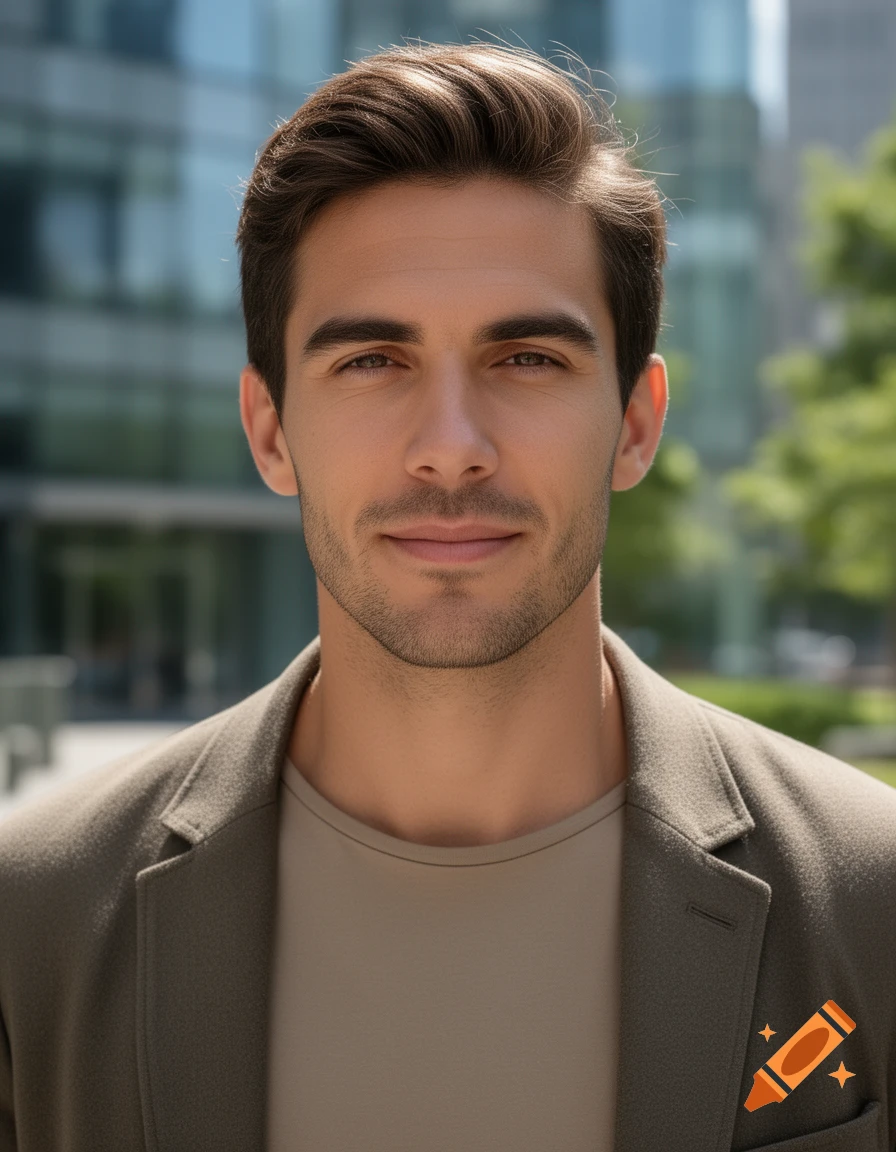Photorealistic close-up portrait of a young man with dark hair and stubble, wearing a jacket outdoors.