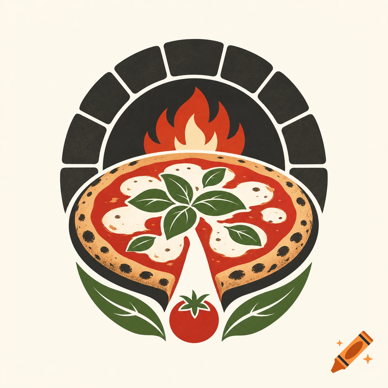Vector logo of a wood-fired pizza with mozzarella and basil, flames, and a tomato, in a retro illustration style.