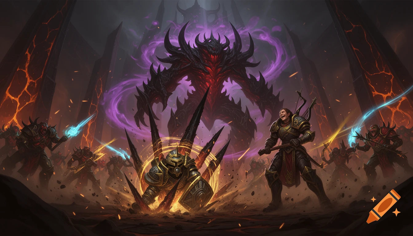 Digital painting of a fantasy raid boss fight with a horned monster, armored warriors, and magical effects.