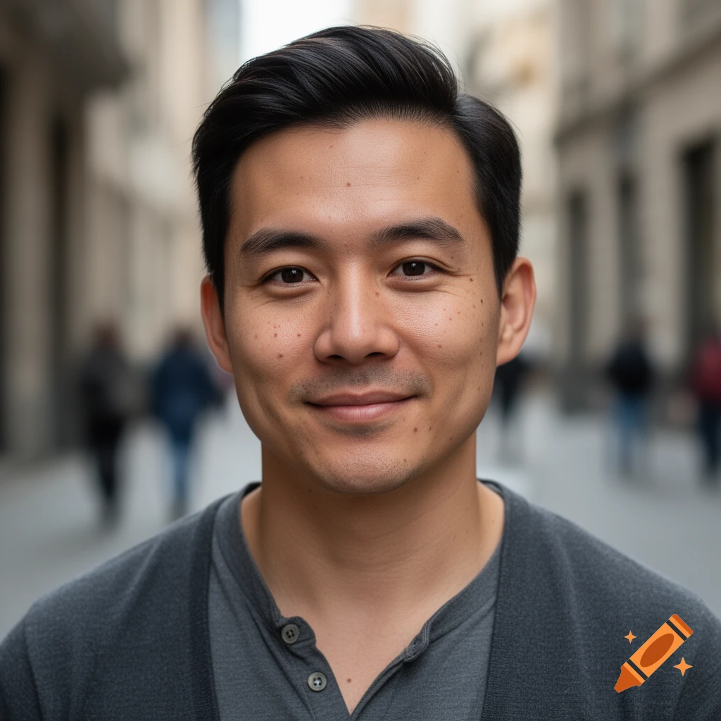 Photorealistic close-up portrait of an Asian man with dark hair smiling outdoors in a blurred urban setting.