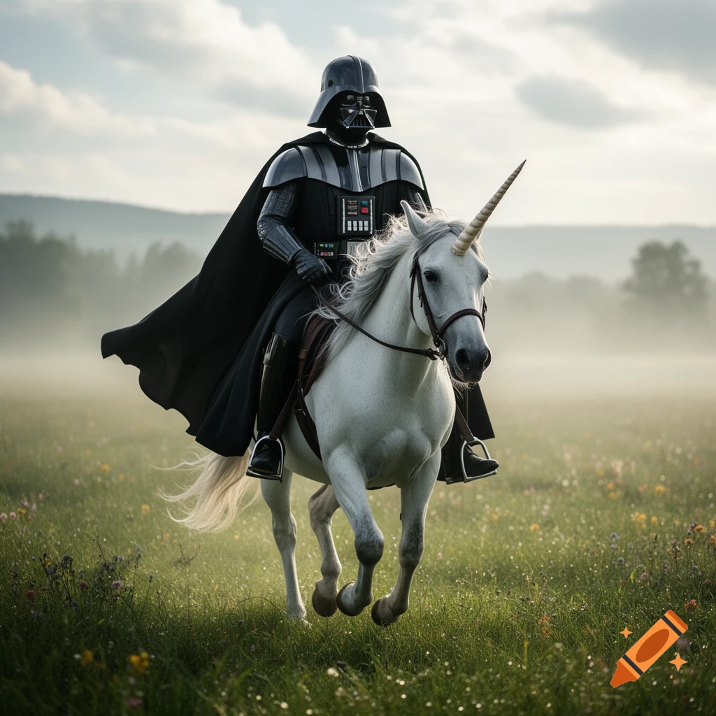 Photorealistic image of Darth Vader riding a white unicorn through a misty green field.