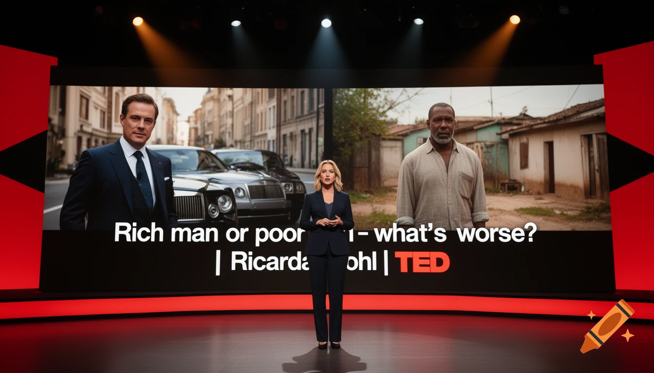 A presenter on a TED stage with a large screen displaying two contrasting men and the garbled title text.