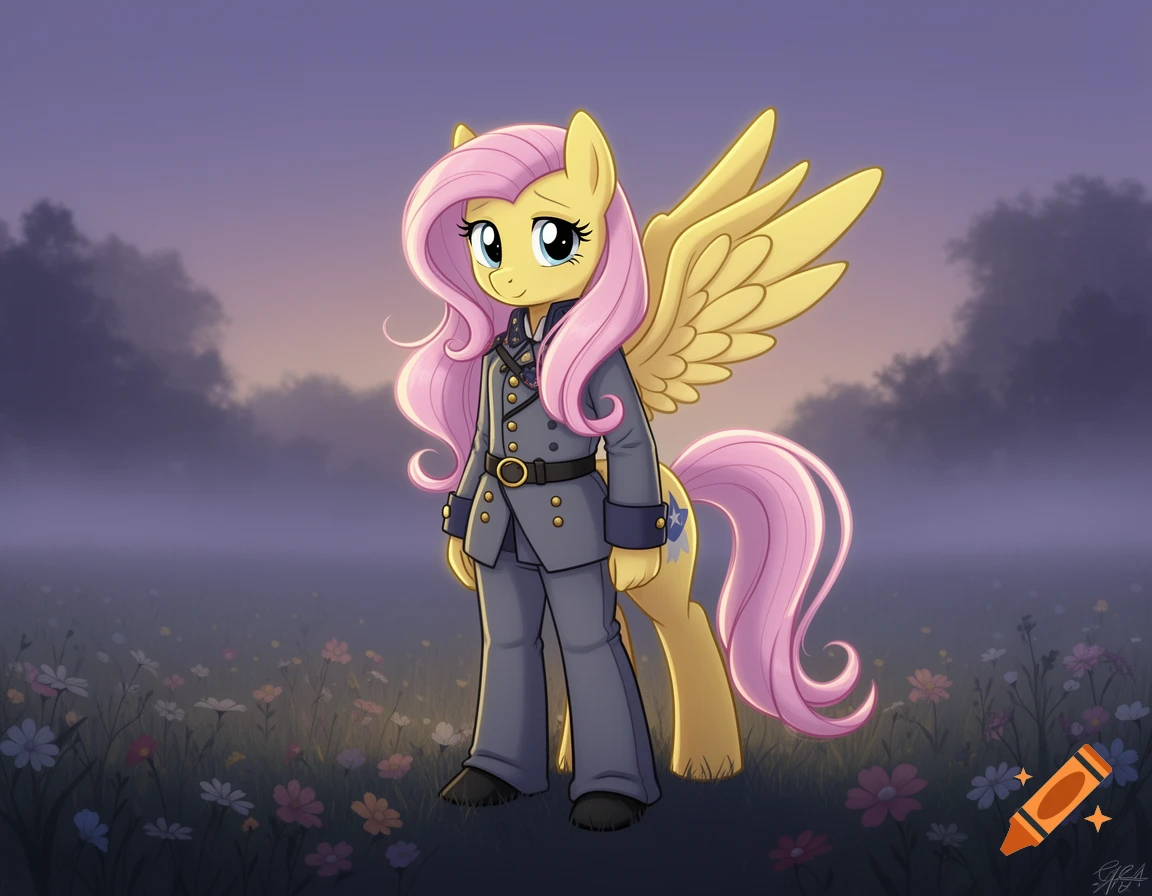 Digital illustration of Fluttershy from My Little Pony wearing a historical military uniform standing in a flower field.