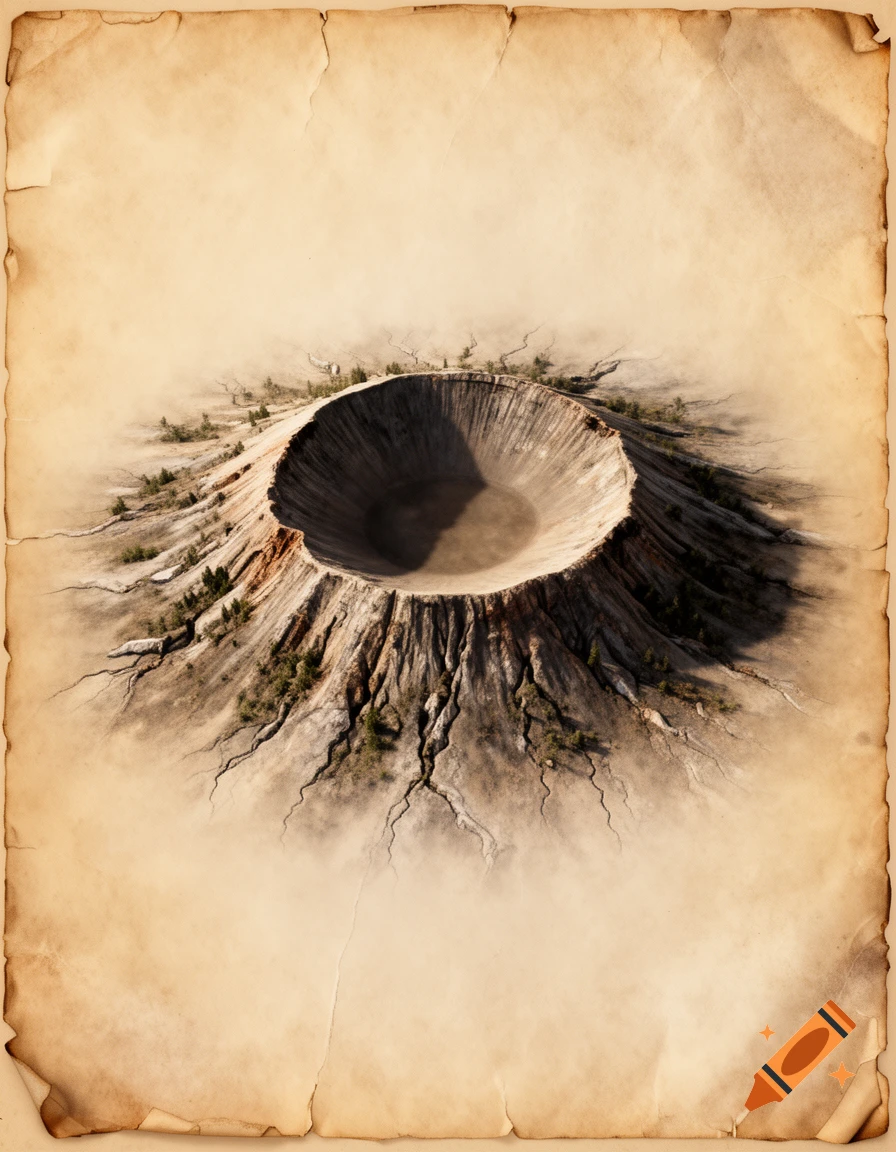 Aerial view of an extinct volcano crater on an old parchment background, photorealistic style.