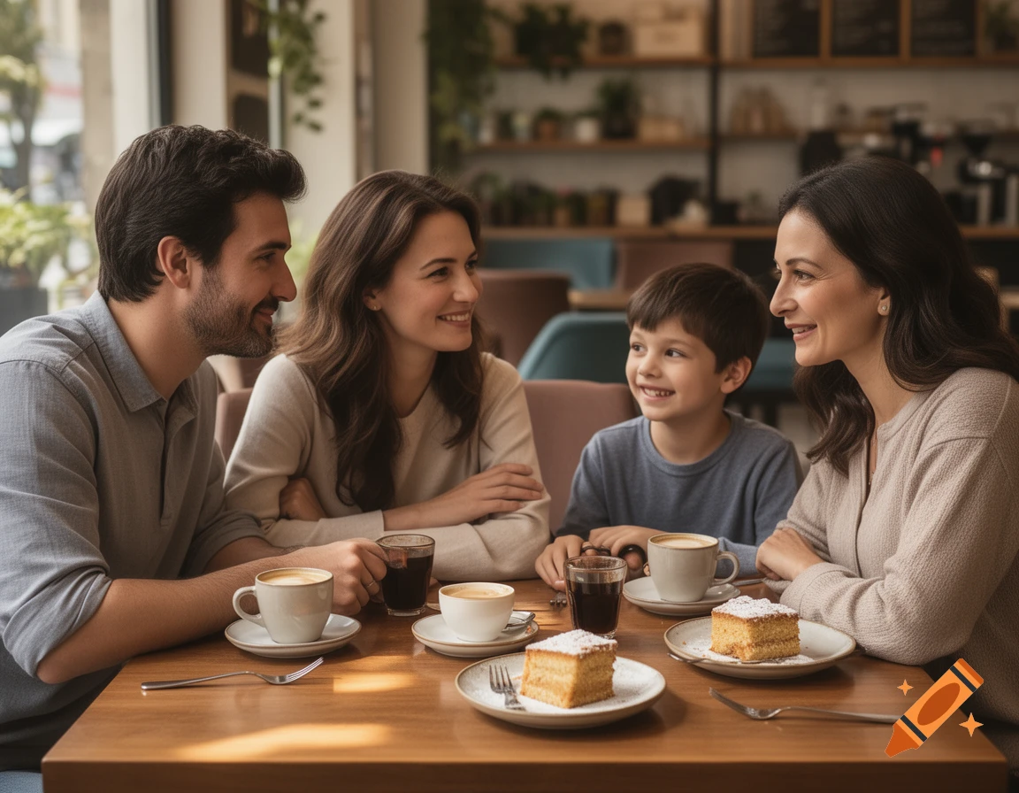 Photorealistic image of a family with two adults and two children sitting at a wooden table in a cafe, enjoying coffee and cake.