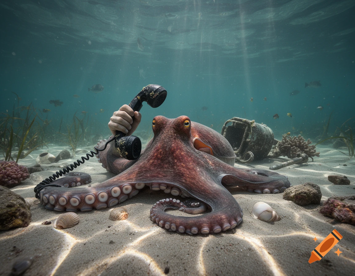 Photorealistic image of a brown octopus lying on the ocean floor, holding a vintage telephone receiver to its head.