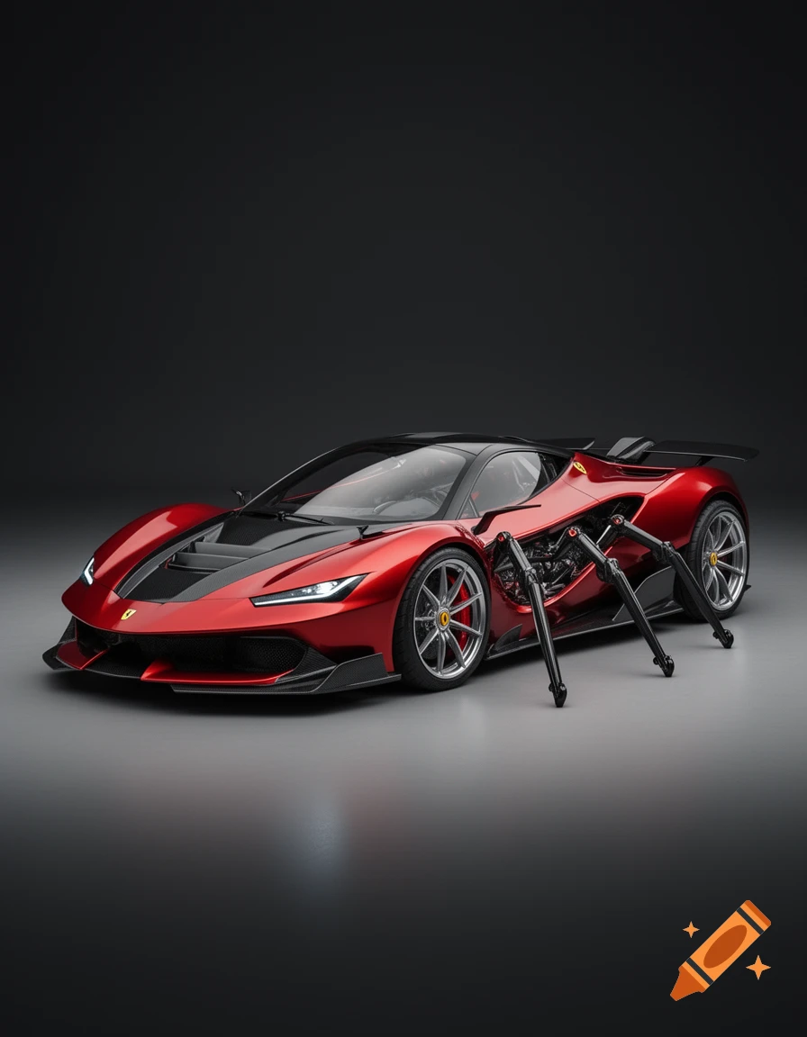 Photorealistic concept spider-car in red and black with mechanical spider legs on the side.