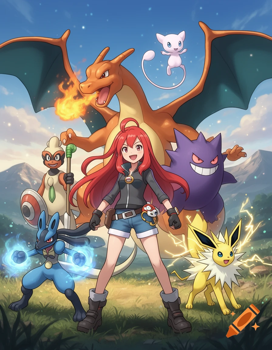Anime-style illustration of a red-haired female trainer surrounded by Charizard, Mew, Gengar, Lucario, Sirfetch'd, and Jolteon.