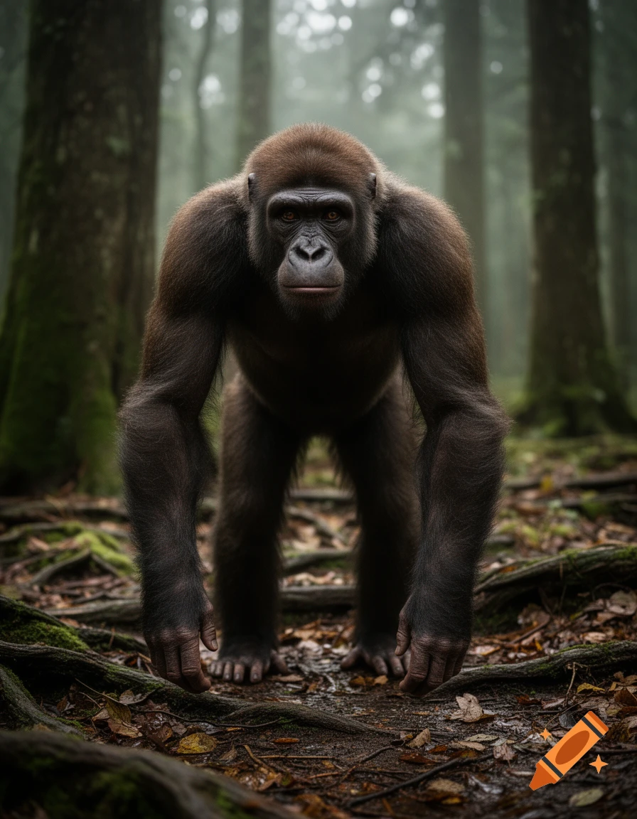 Photorealistic image of a humanzee creature with an ape-like body and human-like facial features standing in a misty forest.