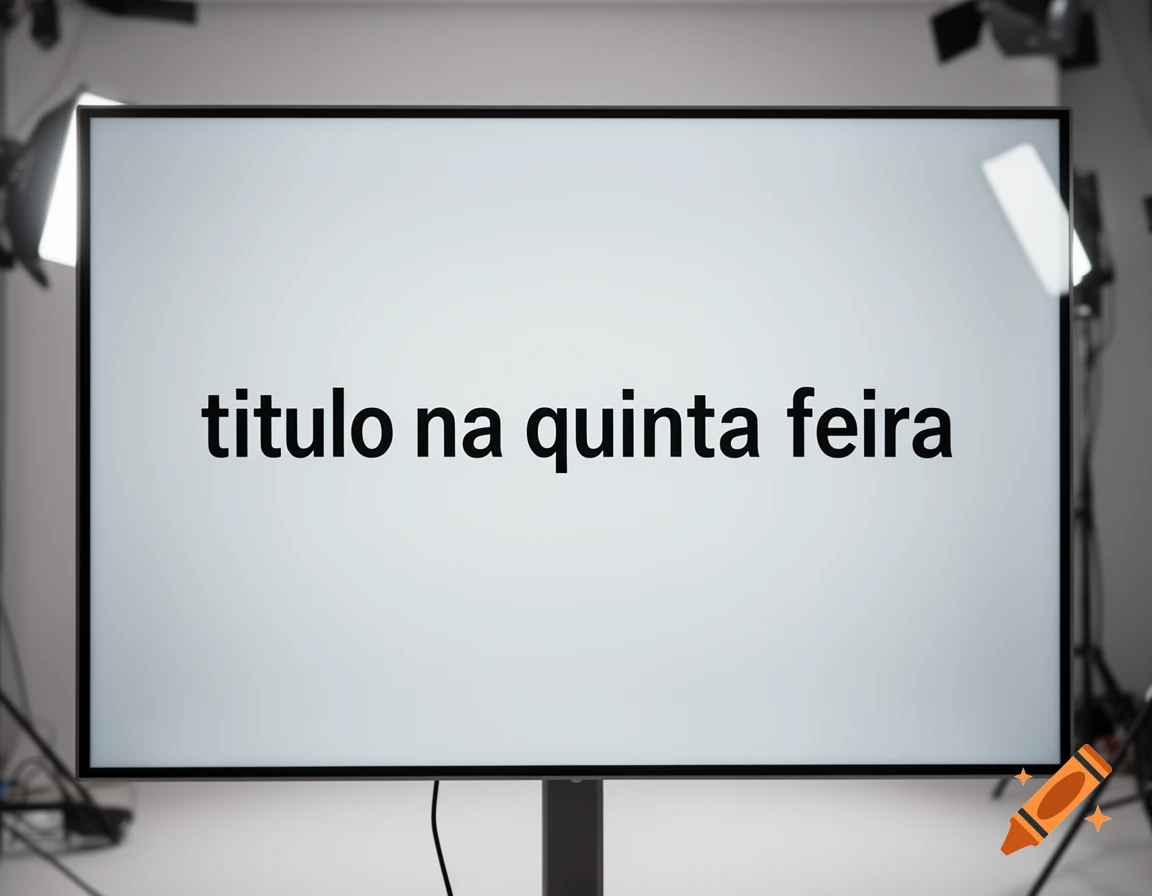A monitor displaying the text 'titulo na quinta feira' in a studio setting.