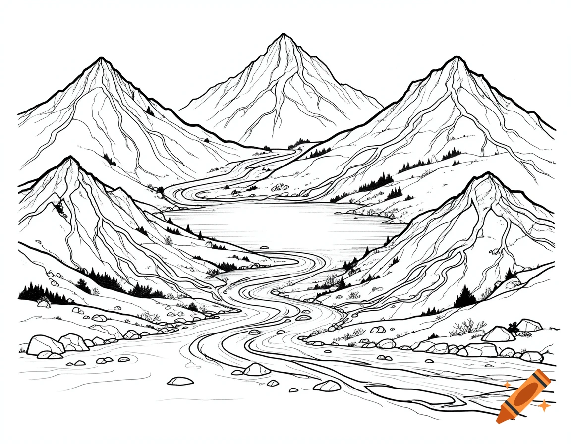 Black and white line art coloring page of mountains, rivers flowing into a central lake, and winding streams.