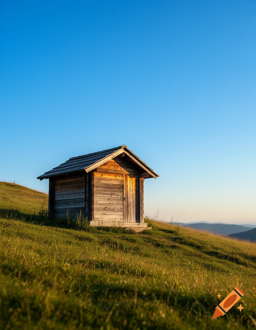 A wooden cabin on a grassy hill under a clear blue sky, photorealistic.