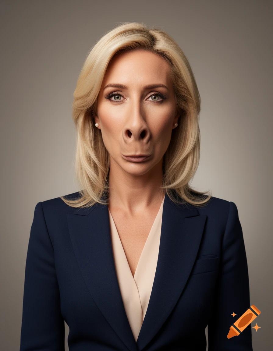 Photorealistic portrait of a blonde woman in a navy blue blazer with a distorted, elongated face resembling a horse.