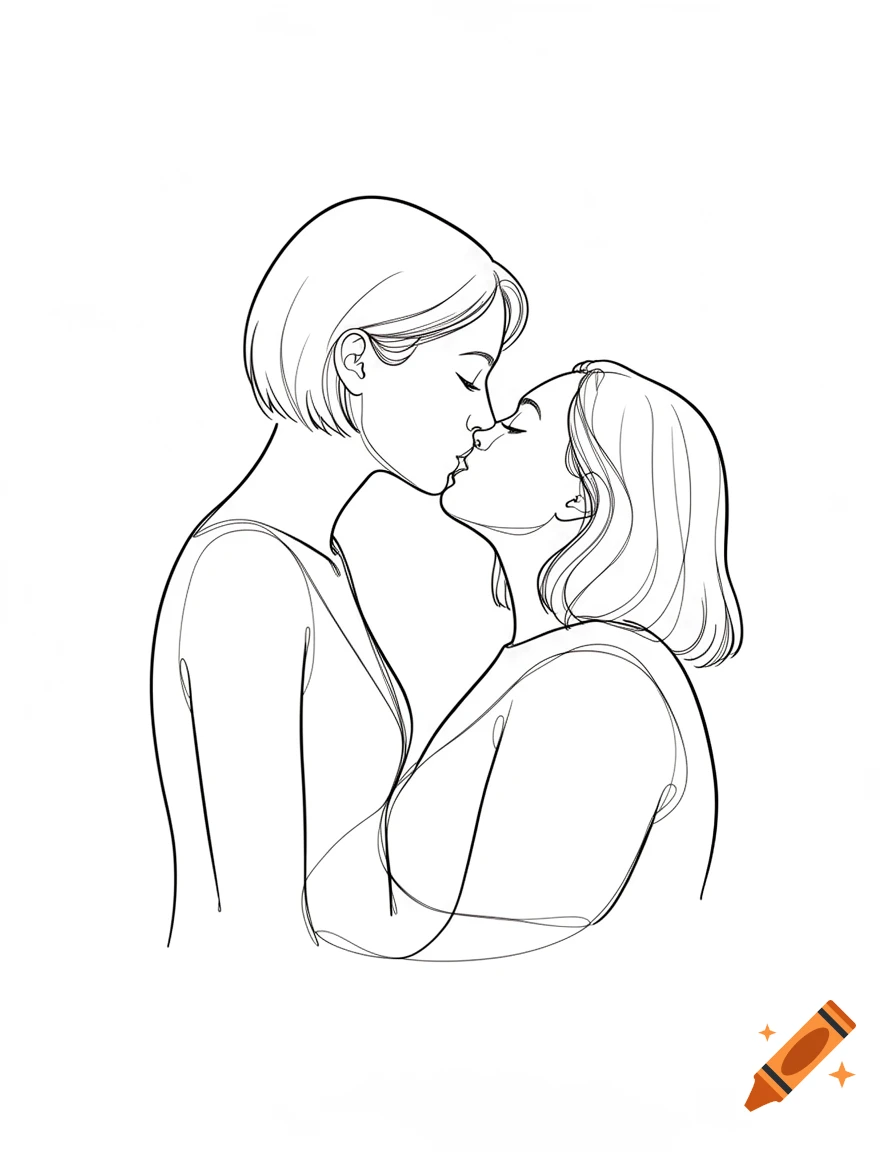 Minimalistic line drawing of two women kissing from the side, one taller and slimmer with short hair, one shorter with shoulder-length hair.