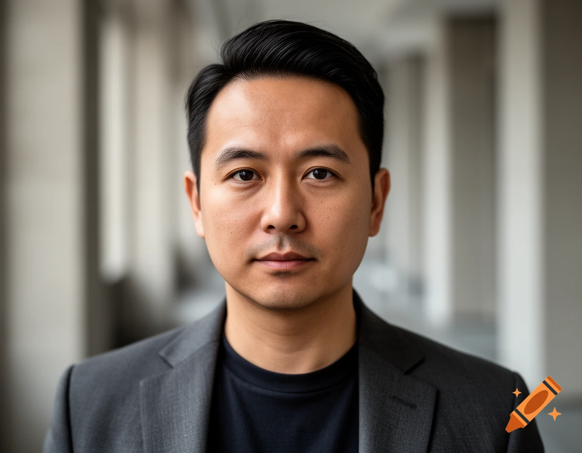 Photorealistic headshot of an Asian man with dark hair in a suit jacket against a blurred hallway background.