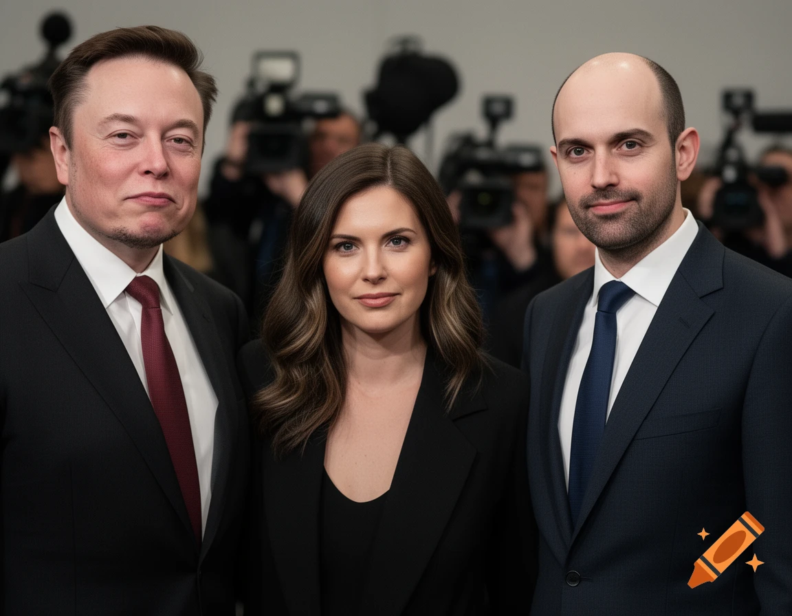 Photorealistic press photo of Elon Musk, Stephen Miller, and an unidentified woman standing together in front of cameras.