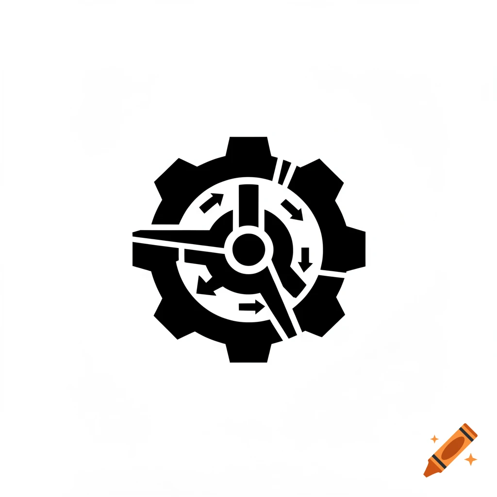 Black and white industrial stencil pictogram of a gear with air pressure arrows.