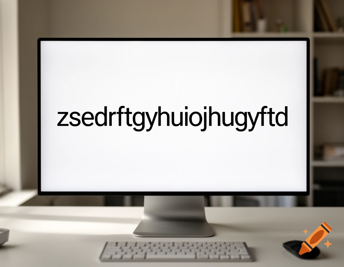 A computer monitor displaying the text zsedrftgyhuiojhugyftd on a white screen, set on a white desk with a keyboard and mouse.