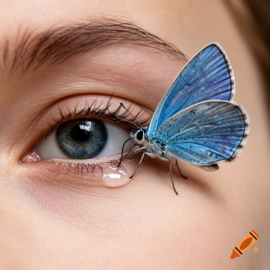 Close-up of a blue butterfly drinking a tear from a human eye, photorealistic