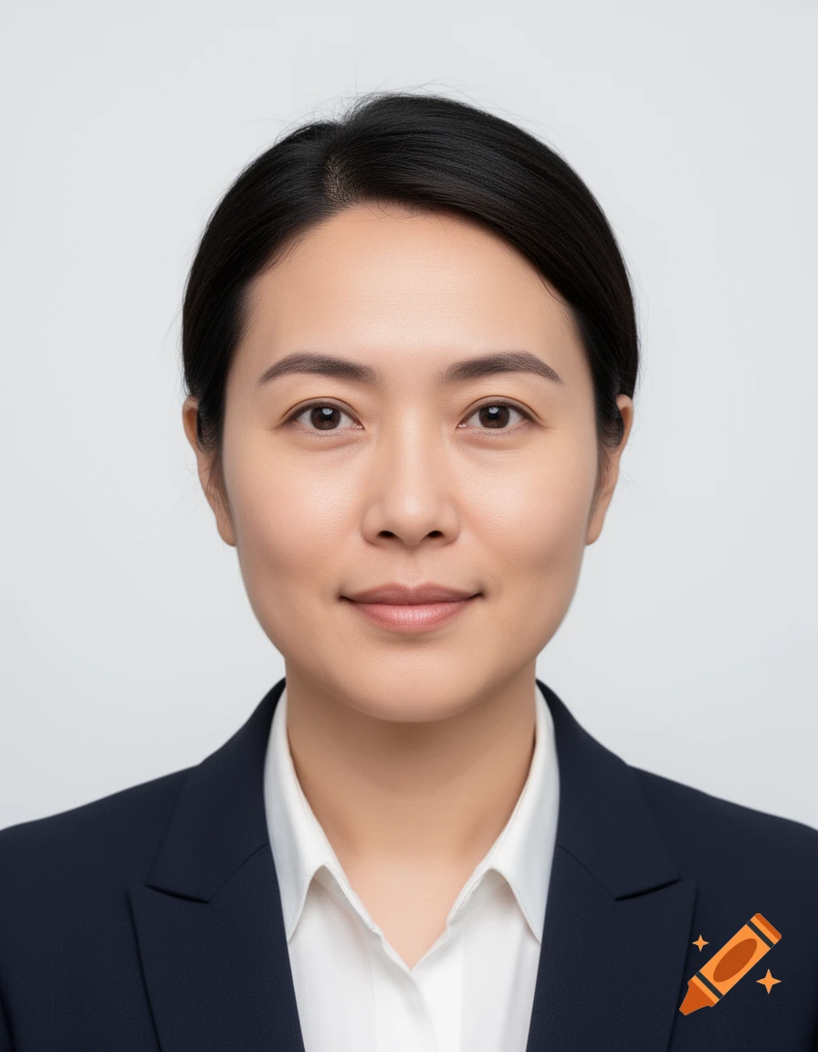 Photorealistic headshot of an Asian woman with black hair in a business suit against a plain background