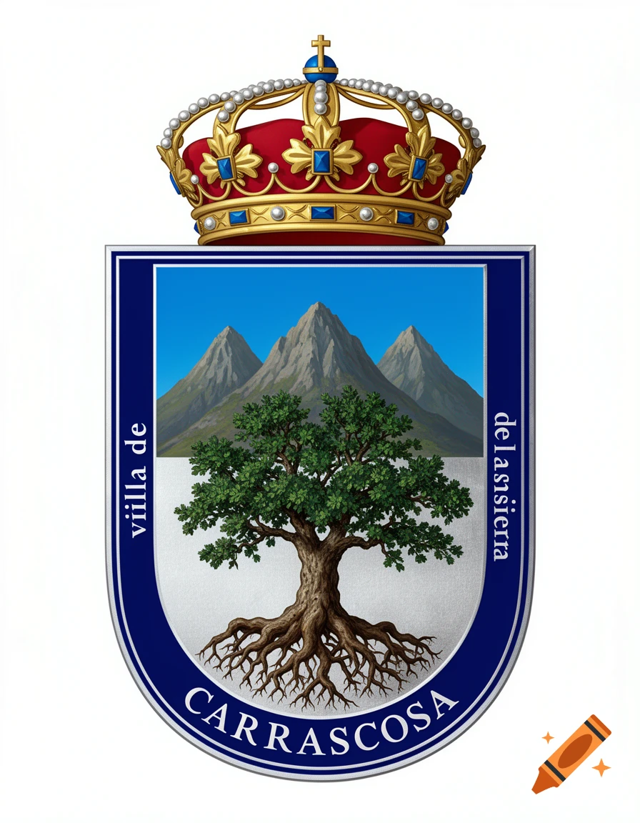 Coat of arms featuring a green oak tree, three mountain peaks, blue sky, and a royal crown above.