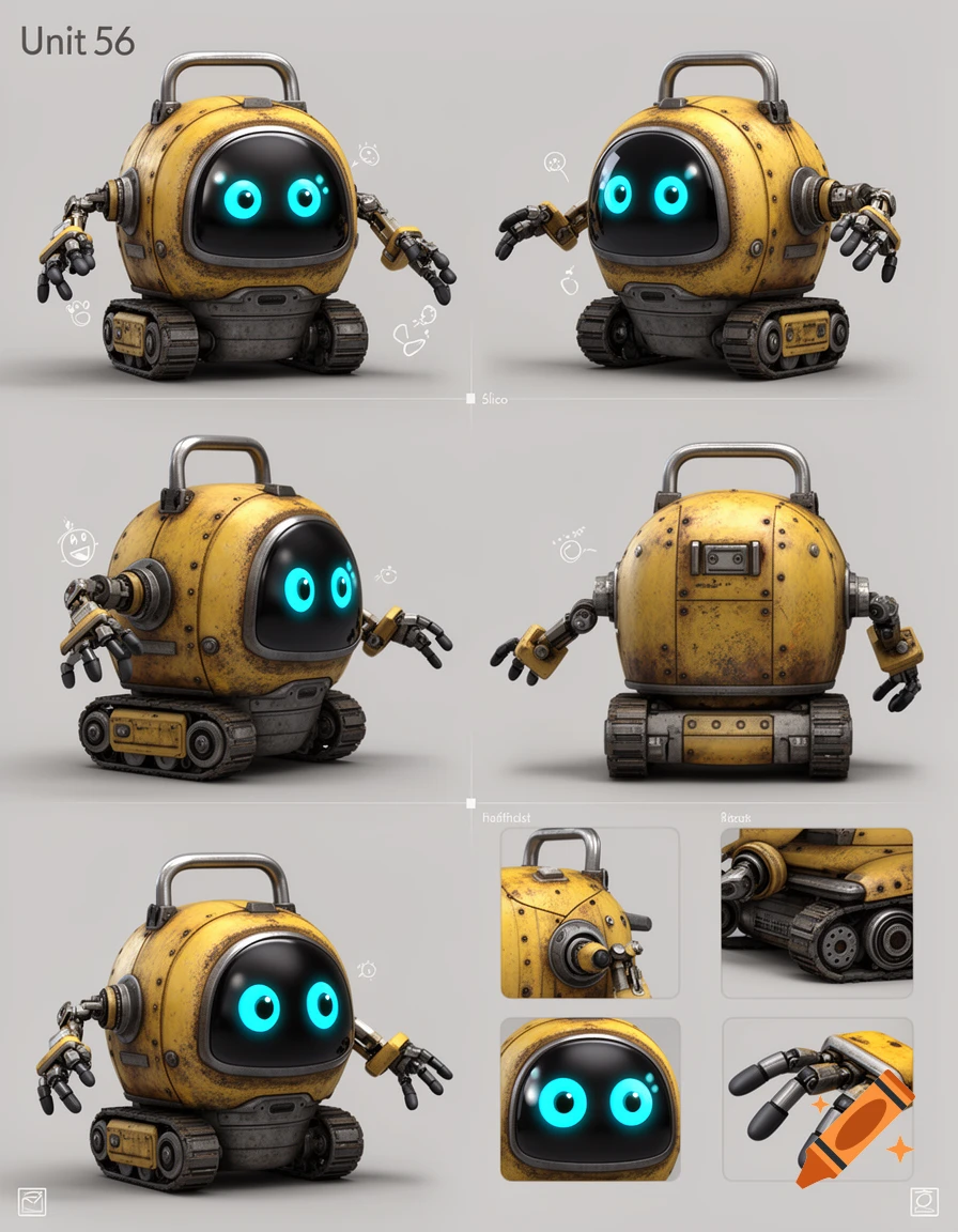 3D digital art sheet showing a small yellow sci-fi utility robot with glowing blue eyes and mechanical tracks.